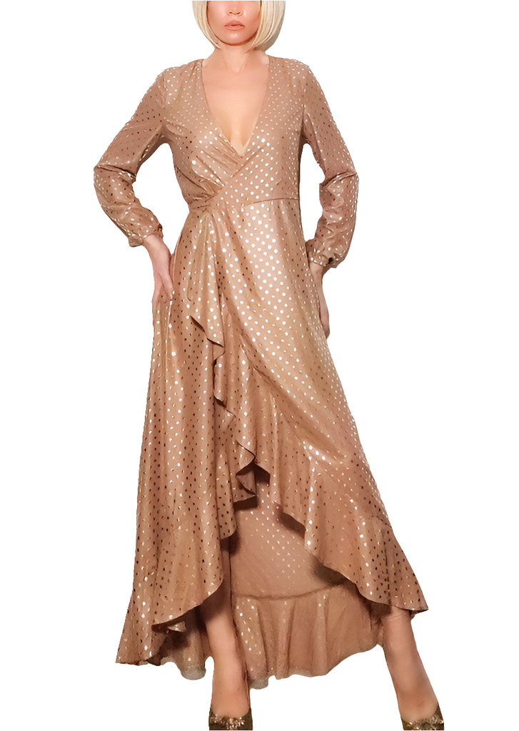 Vestido largo de fiesta GUESS con lunares dorados – elegante