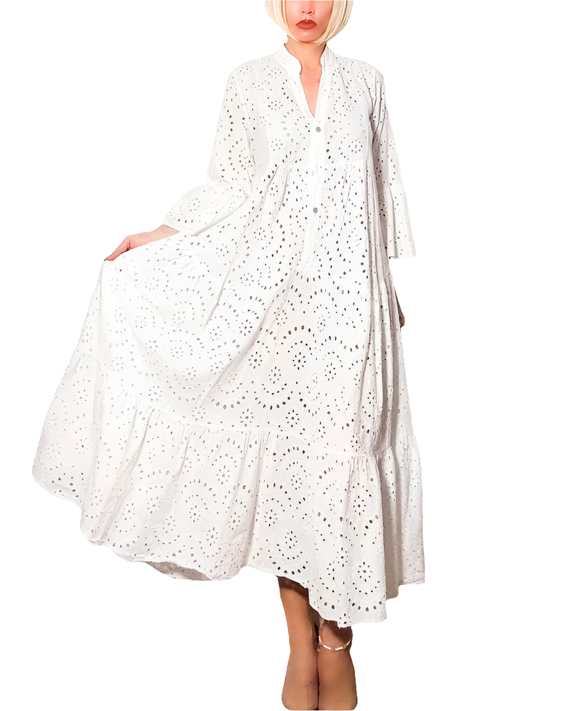 Vestido largo bordado de algodón 100% con botones de nácar Talla