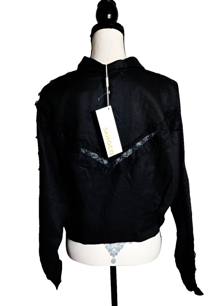 Sahoco Blusa de Lino Negra con Encaje