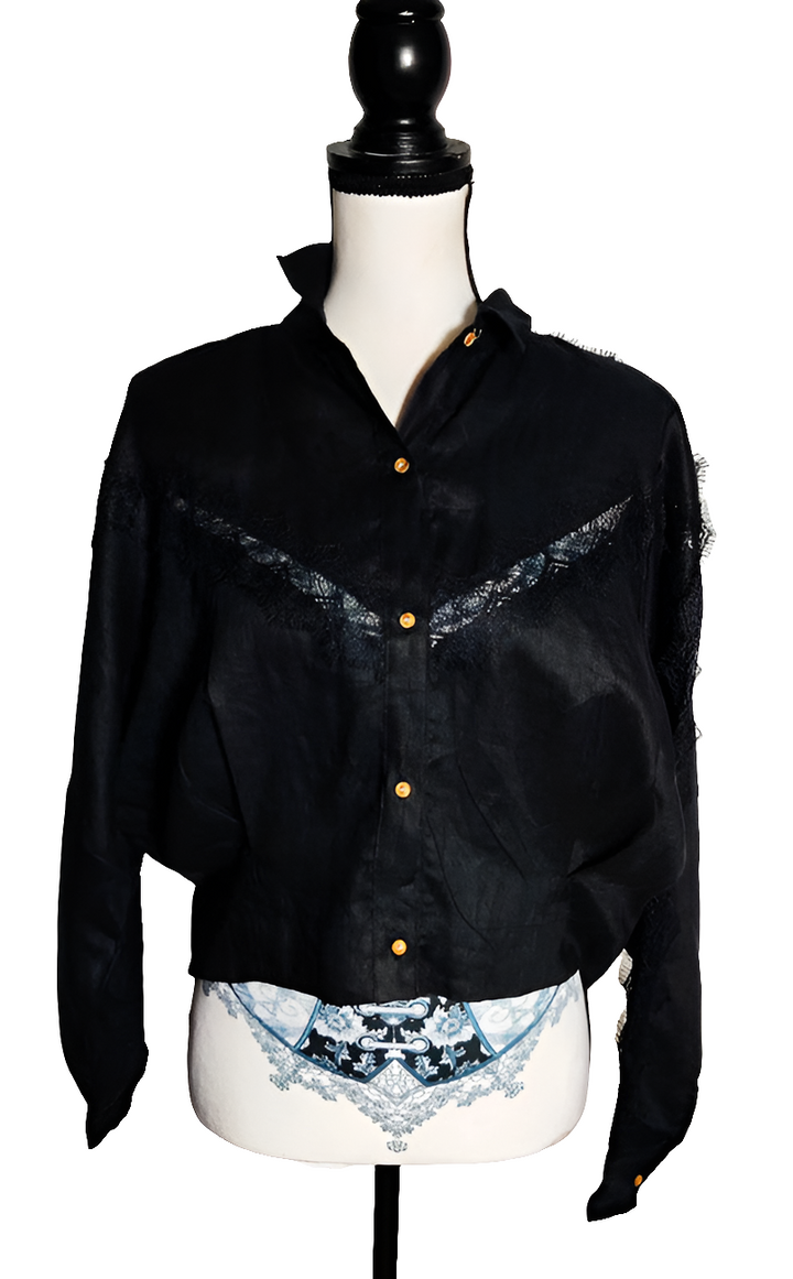 Sahoco Blusa de Lino Negra con Encaje