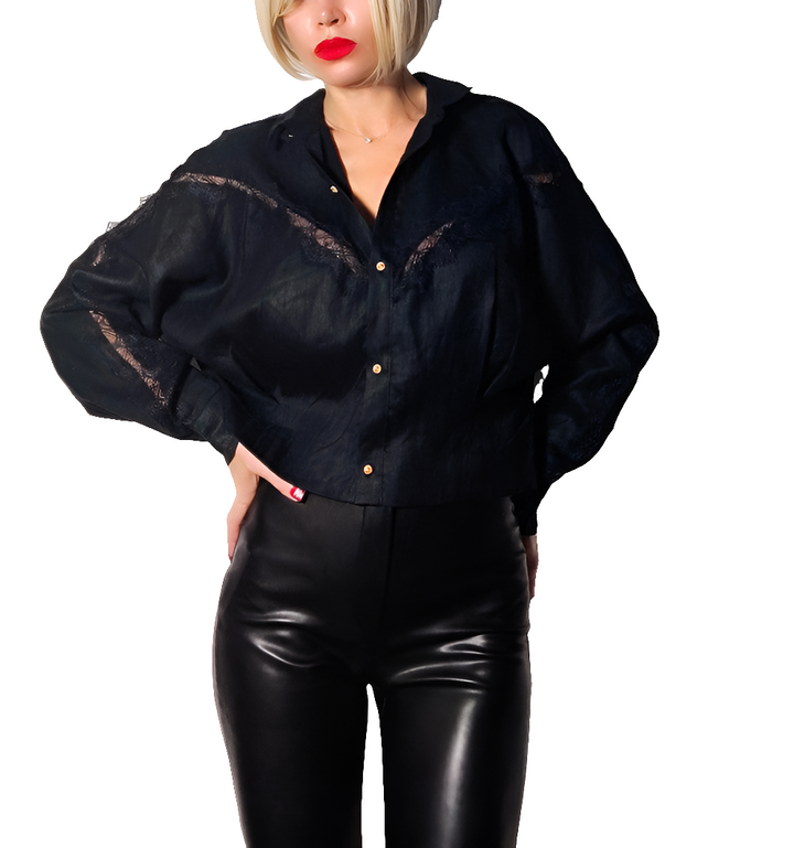 Sahoco Blusa de Lino Negra con Encaje