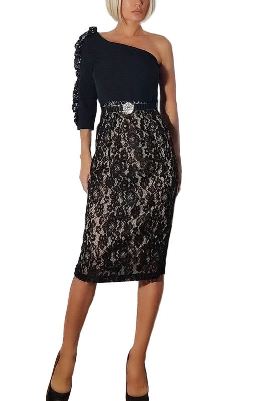 ALMAGORES Vestido Asimétrico de Encaje Negro