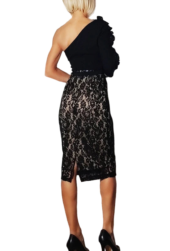 ALMAGORES Vestido Asimétrico de Encaje Negro