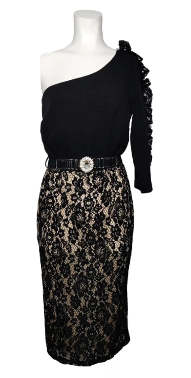 ALMAGORES Vestido Asimétrico de Encaje Negro