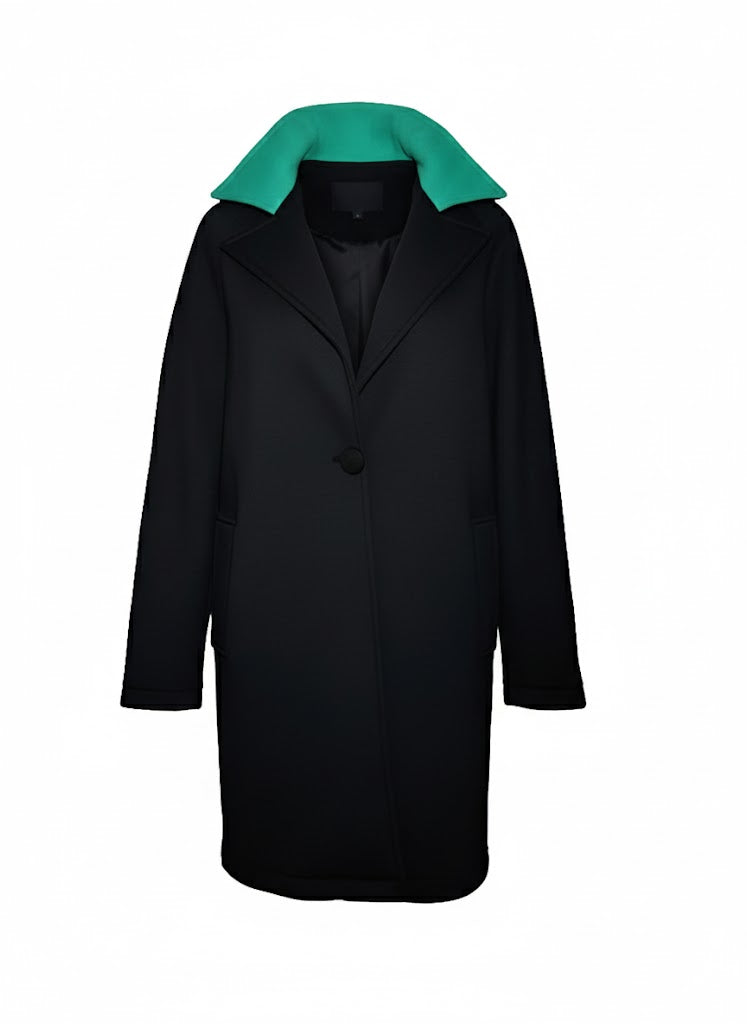 Rinascimento Abrigo Negro con Cuello Verde Esmeralda